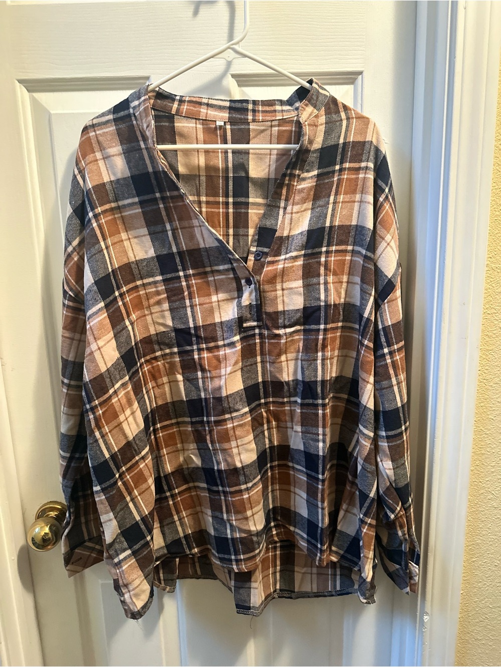 Plaid Button Henley Tunic in Navy and Brown